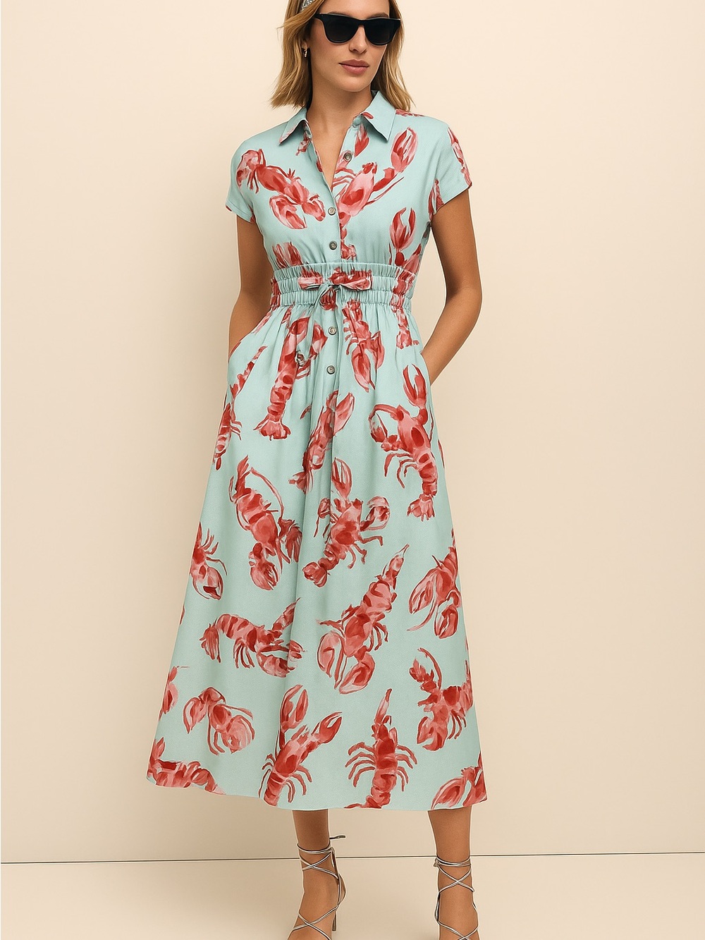 Brooks Brothers Blue Midi Dress with Coral Lobster Print
